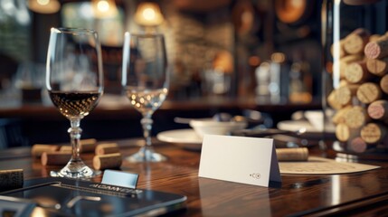 Wine Tasting Essentials Vintage Corks Glasses and Business Cards on a Sommelier's Desk