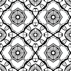 Close-up black and white shot of a tessellation of octagons and squares, each shape decorated with intricate line work, forming a seamless and captivating geometric pattern. Minimal pattern banner