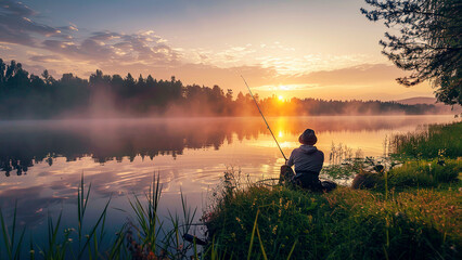 Rear view of a fisherman sitting near a pond or lake with a fishing rod at sunset. - Powered by Adobe