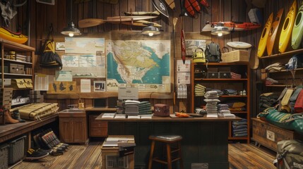 Naklejka premium Explore Your Next Adventure Adventure Gear Rental Shop with Maps Camping Gear and Kayaks Blank Business Cards Ready for Your Next Journey