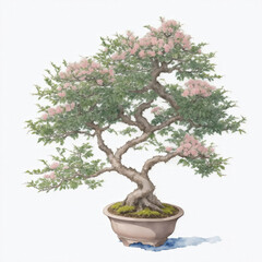 Illustration of viburnum bonsai in the style of watercolor on a white background