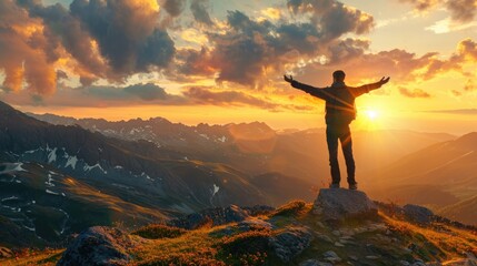 A delighted traveler finds solace in the beauty of a mountain sunset, with arms outstretched in gratitude, surrounded by the grandeur of nature and offering ample copy space for text or branding.