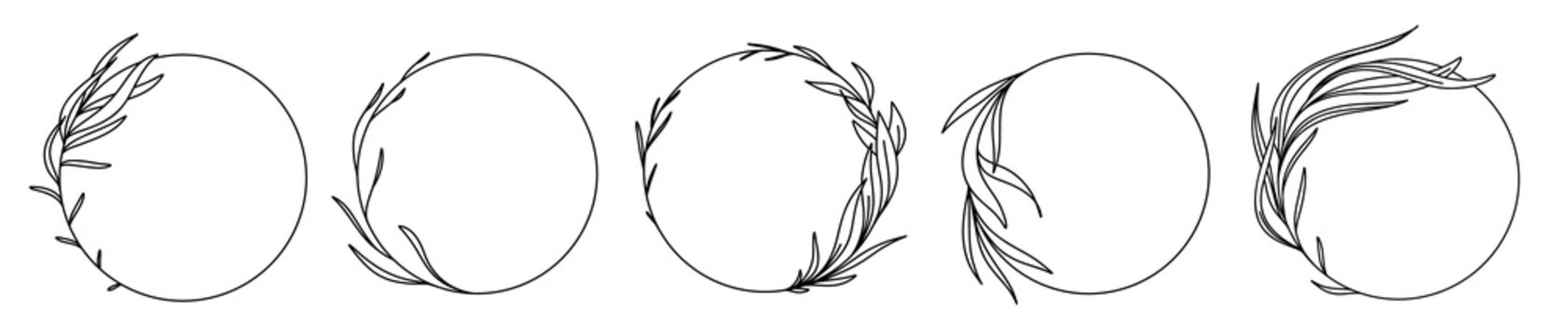 Set of 5 elegant black circular line art  frames with delicate leaf designs, logo elements. Hand drawn line minimal style floral leaf  frames for wedding invitation, isolated on transparent background