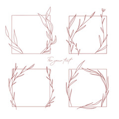Fototapeta premium Set of Four Minimalist Hand-Drawn Square Floral Frames With Leaf Designs. Line Art style vector backgrounds for wedding invitations, greeting cards, social media stories elements for logo 