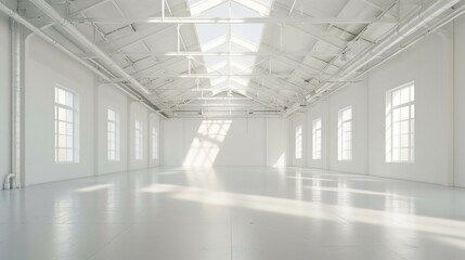 Pristine white warehouse with an open, empty interior and a clean white background, suitable for industrial applications