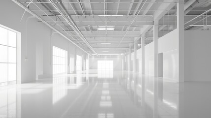Fototapeta premium Pristine white warehouse with an open, empty interior and a clean white background, suitable for industrial applications