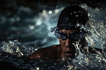 A man swimming in the water wearing goggles, ideal for use as a stock photo for sports or leisure activities