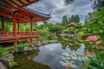 Obraz premium A serene Japanese garden scene featuring a small pond and a traditional wooden bridge