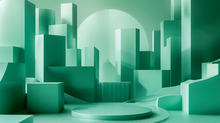 Futuristic cityscape with green geometric shapes and spheres creating a modern abstract scene