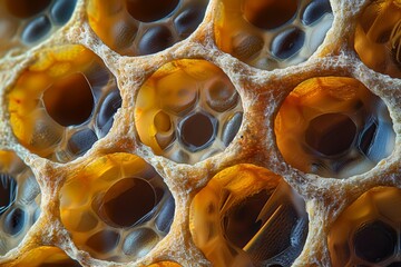 Close-up macro shot of a honeycomb, showcasing the golden cells and detailed textures within the structure.
