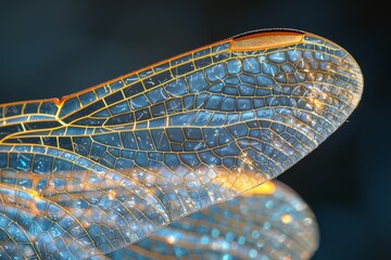 Intricate macro shot of a dragonfly wing highlighting the delicate structure, vibrant colors, and fine details.
