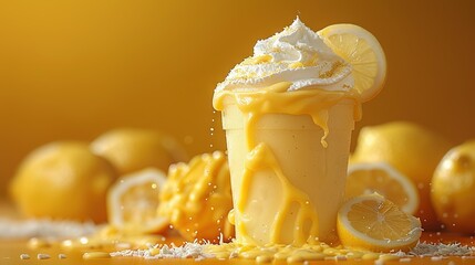   Close-up of a cup of ice cream topped with a lemon slice and surrounded by lemons