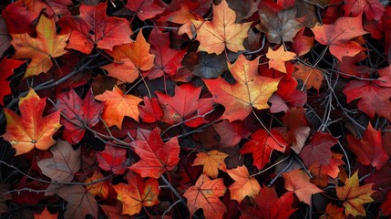 Vibrant autumn leaves covering the ground with sticks.