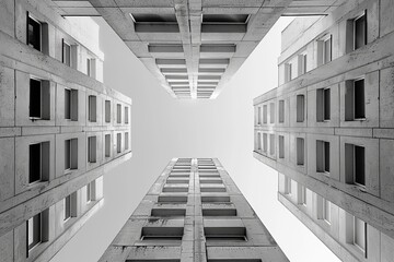 Obraz premium Looking up view of symmetrical high-rise buildings with repetitive window patterns, creating a geometric and modern architectural scene. 