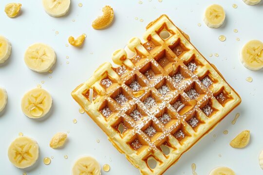 A sweet waffle topped with sliced bananas and powdered sugar, perfect for breakfast or brunch - Powered by Adobe