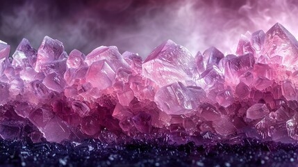   A collection of pink crystals rests atop a black table, surrounded by a hazy cloud of purple and pink