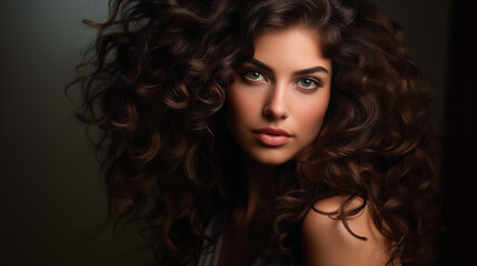 Fototapeta premium beautiful brunette woman with stunning curly hair advertising hair care or make up products, vegan cosmetics concept portrait 