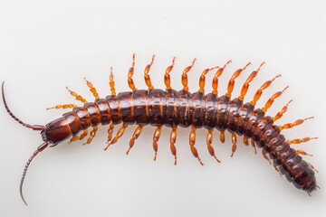 A close-up view of a centipede on a white surface
