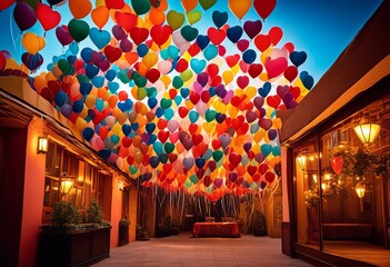 romantic heart shaped balloons decorating inviting space, decoration, cozy, room, warm, interior, design, love, celebration, red, floating, atmosphere, day