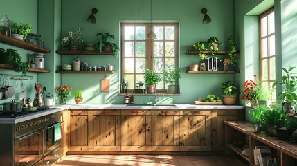  Cozy kitchen featuring light green walls, walnut cabinets, and a farmhouse sink
