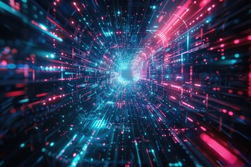 Fototapeta premium A colorful neon tunnel filled with bright lights, perfect for futuristic or sci-fi scenes
