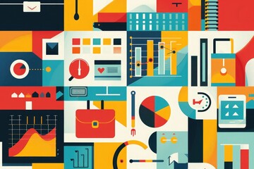 Infographic with various charts, graphs, and data visualizations in blue, orange, and yellow colors