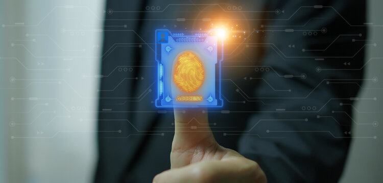 Fingerprint, printed circuit, releasing binary codes, microchip concept and data processing and digital identification concept. Businessman showing glowing neon line of fingerprint scanner icon. - Powered by Adobe
