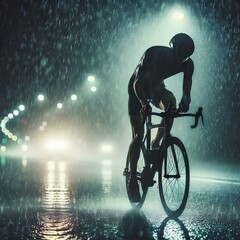 Obraz premium A triathlete braving the rain as he cycles through the night, preparing himself for the upcoming marathon. The blurred raindrops in the foreground and the dark, moody atmosphere in the background add