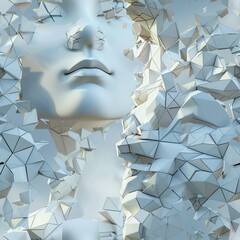 A conceptual image of a human head made entirely from geometric shapes in 3D, illustrating the intersection of art and technology in digital sculpture. Minimal pattern banner wallpaper, simple