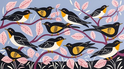 Naklejka premium Retro spring plant swallows pattern illustration poster background