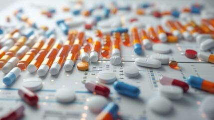 Fototapeta premium Pharmaceutical Data Visualization Pill Bar Chart on Medical Document