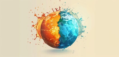 Creative of earth divided into fire and water, symbolizing opposing forces and elements, on a beige background.
