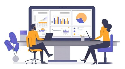 Office workers analyzing data and charts on a large screen in a modern work environment, highlighting teamwork and data analysis.