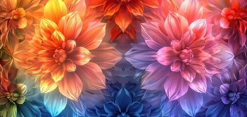 Vibrant digital artwork of multicolored flowers in full bloom, showcasing detailed petals, bright colors, and a captivating floral pattern.