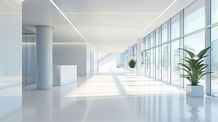 Obraz premium Light white and blue spacious bank office space. Modern large panoramic windows.