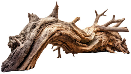 Old dry dead log stump with roots with transparent background.