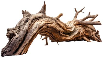 Old dry dead log stump with roots with transparent background.