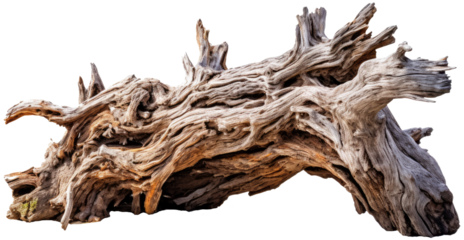 Old dry dead log stump with roots with transparent background.