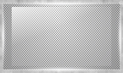Perforated white metal panel background. White metal plate with dots. Glass transparent panel on perforated metal sheet. Futuristic metal surface. Carbon fiber technology background. Premium Vector.