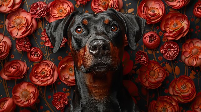 an elegant doberman against a neo trabal tattoo pattern great for typography clothing merch t shirts album covers etc.stock illustration