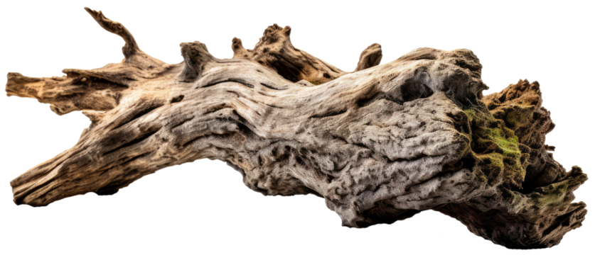 Old dry dead log stump with roots with transparent background.