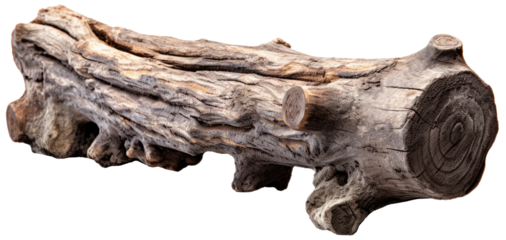 Old dry dead log stump with roots with transparent background.