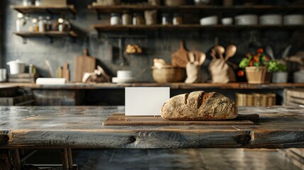 Fototapeta premium Artisan Bakery Freshly Baked Bread Rustic Kitchen and Blank Business Cards