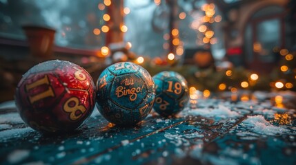 Festive Winter Night Bingo Balls Glowing in Warm Lights. Generative AI