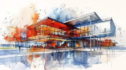 watercolor The image shows a modern glass and steel building with a red roof. The building is surrounded by trees and has a reflection in the water below.