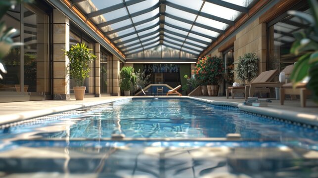 Swimmers inside a pool with a transparent roof, great for fitness and recreation
