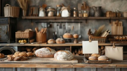 Artisanal Bakery Rustic Kitchen Woodfired Oven and Freshly Baked Sourdough Loaves Business Card Mockup for Small Business Marketing