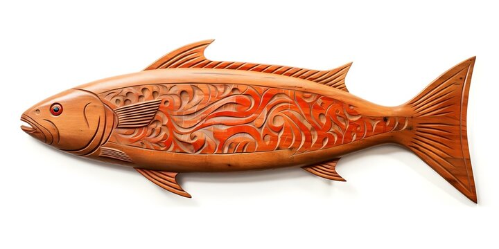 Vintage wooden fishboard surfboard isolated on white background with clipping path - Enhanced and Improved. Concept Surfboard photography, Vintage surfboard, Wooden fishboard, White background