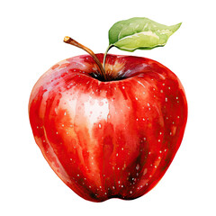 Watercolor illustration of a vibrant red apple with a leaf, showcasing fresh and healthy fruit art.