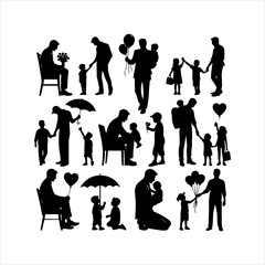 Happy Father's Day with dad and children silhouettes.